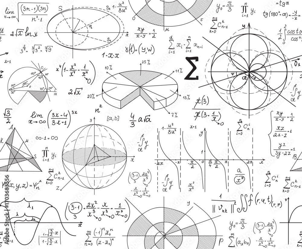 Wall mural educational vector seamless background with handwritten formulas, plots and math calculations