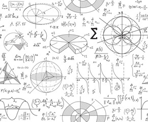 Educational vector seamless background with handwritten formulas, plots and math calculations