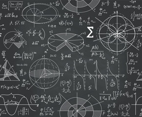 "Back to school" vector seamless pattern with handwritten math and physics formulas and calculations