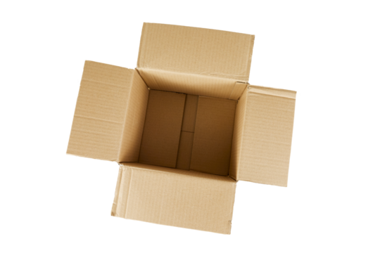 empty cardboard box top view isolated on white or transparent png - Powered by Adobe