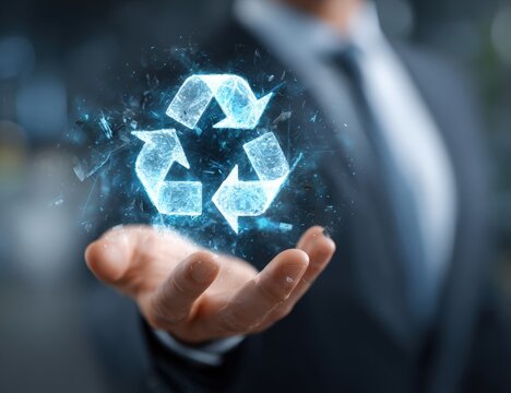 Businessperson holds a holographic recycle symbol