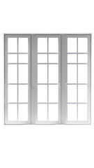 A white, multi-paned, sliding glass door