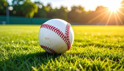 Baseball on Green Grass Field with Golden Sunlight and Blurred Background on Sunny Day