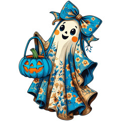 Cute Halloween ghost with Pumpkin, spooky season cute Halloween clipart, floral ghost boo transparent background PNG file digital watercolor art