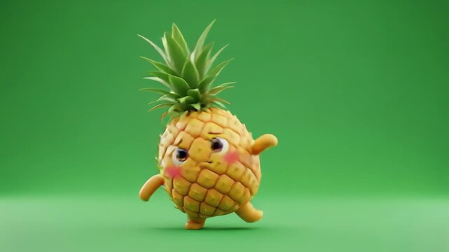 Pineapple does a gentle, shy dance while shuffling its feet in a vibrant green setting, showcasing playful movements and adorable expressions