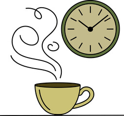 Morning coffee steam rises as a clock indicates the start of the day.