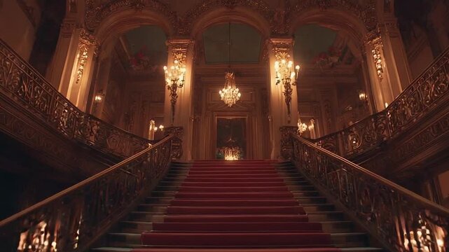 Grand gilded staircase in a palace-like hall, red carpet, ornate gold railing, chandeliers and arches.
