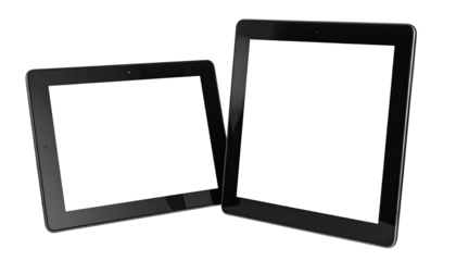Two black tablets, one larger than the other, angled slightly, with blank screens