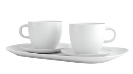 Two white ceramic coffee cups and saucers on a tray isolated on transparent background