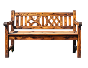 Ornate wooden park bench.  Solid, weathered wood bench with detailed latticework