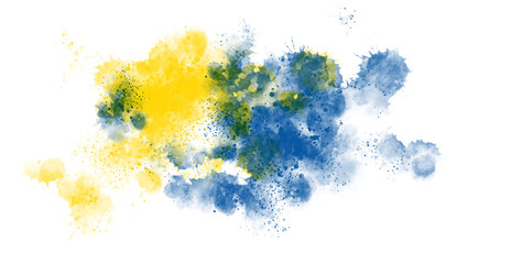Abstract splashes of yellow and blue watercolor paint blend fluidly on black background