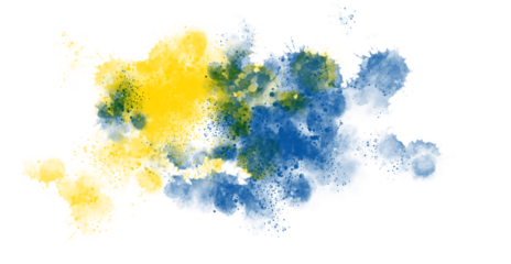 Abstract splashes of yellow and blue watercolor paint blend fluidly on black background
