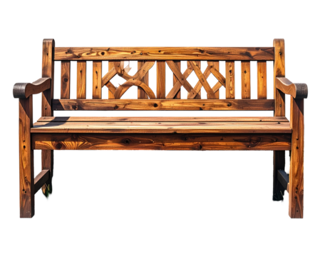 Ornate wooden park bench.  Solid, weathered wood bench with detailed latticework