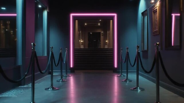 Neon-lit hallway with pink rectangular light frames at the end, velvet rope barriers along blue walls, leading to stairs.