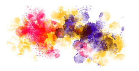 Abstract expressionism showcases vibrant pink, yellow, and purple color splashes on black.