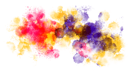 Abstract expressionism showcases vibrant pink, yellow, and purple color splashes on black.