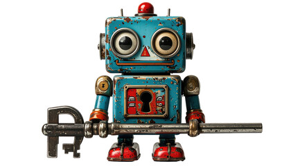 Rusty blue robot toy, vintage style, holding wrench