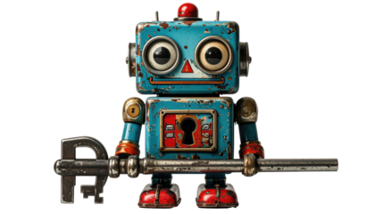 Rusty blue robot toy, vintage style, holding wrench