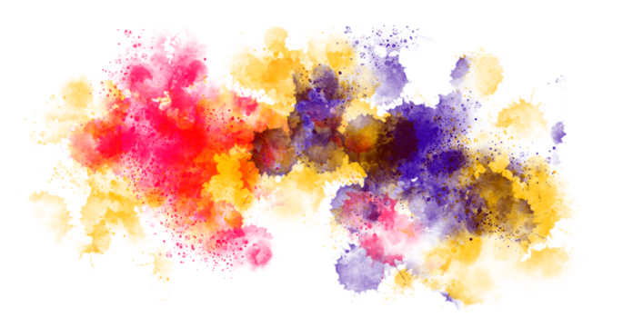 Abstract expressionism showcases vibrant pink, yellow, and purple color splashes on black.