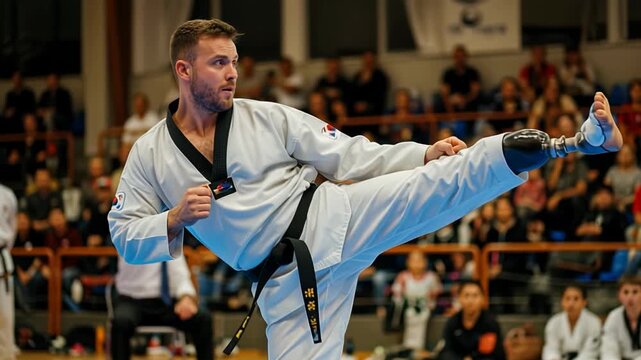 Para taekwondo athlete displays impressive high kick technique during competition showcasing determination and focus