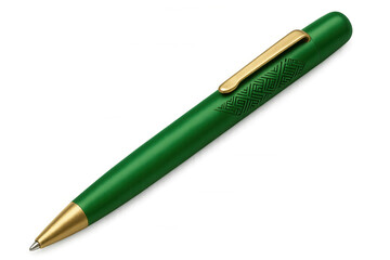 Gold-detailed green ballpoint pen featuring geometric pattern, resting on transparent surface, highlighting stylish writing instrument