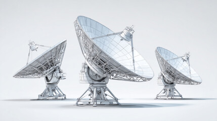 Three large satellite dishes on a white background a digital rendering showing their intricate detail