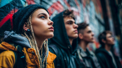 Naklejka premium Group of diverse young people looking up with hope and determination in urban setting with colorful graffiti wall background and dramatic lighting