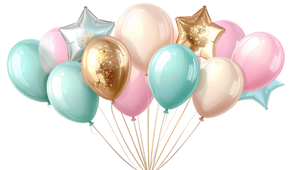 A cluster of pastel-colored balloons, including pink, mint green, peach, and gold.  Stars and glitter accents adorn some balloons.  A mix of smooth and textured balloon surfaces