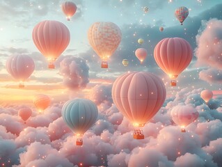 Obraz premium Dreamy pastel hot air balloons drift serenely through a magical glowing cloudscape at dawn