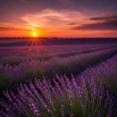 Lavender field illuminated by golden sunlight during picturesque sunset