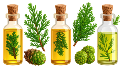 Essential oil bottles with juniper sprigs and cones