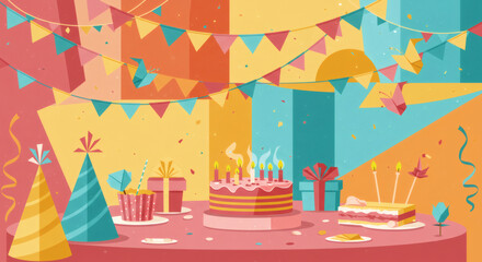 Festive Birthday Celebration with Cake and Gifts Illustration.