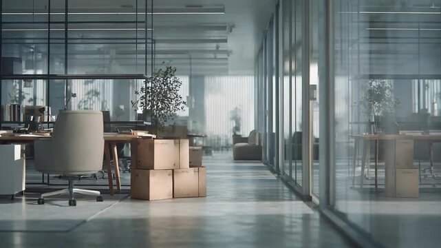 Open plan modern office with glass walls and moving boxes scattered around empty desks.