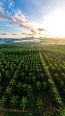 Aerial view of a palm oil plantation at sunrise