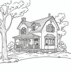 Fototapeta premium A charming detailed house with a beautifully landscaped front yard surrounded by trees 