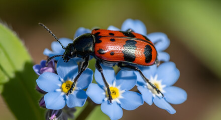Close-up of a vibrant red lily beetle resting gracefully on delicate blue forget-me-nots