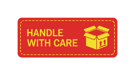 Red rectangular "Handle With Care" label featuring a yellow open box icon.