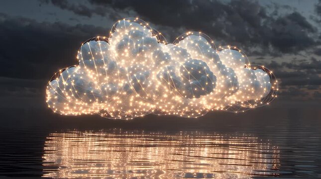 Illuminated cloud shape over water at dusk