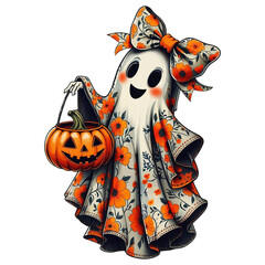 Cute Halloween ghost with Pumpkin, spooky season cute Halloween clipart, floral ghost boo transparent background PNG file digital watercolor art