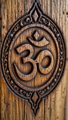 Naklejka premium Sacred Om Symbol Engraved on Traditional Wooden Panel: Handmade Craftsmanship in Warm Tones and Sharp Detail - Spiritual Art and Symbolism