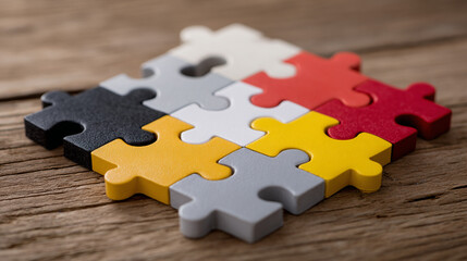 Colorful puzzle pieces on wooden background teamwork concept