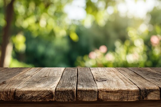 Wooden tabletop with out-of-focus garden background