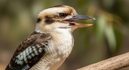 Portrait of a kookaburra perched on a tree branch in the sunlight