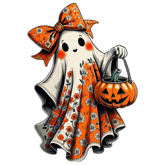 Cute Halloween ghost with Pumpkin, spooky season cute Halloween clipart, floral ghost boo transparent background PNG file digital watercolor art