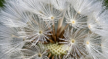 Macro shot of a dandelion clock covered in glistening water droplets