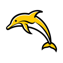 Stylized yellow dolphin leaping against black background