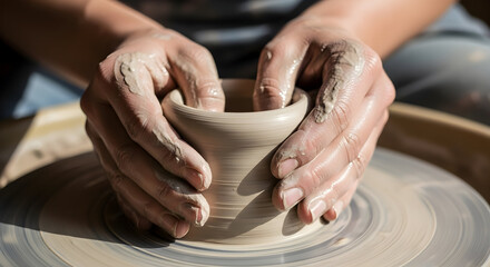The hands of a potter working and creating a clay pot on a pottery wheel with care and expertise