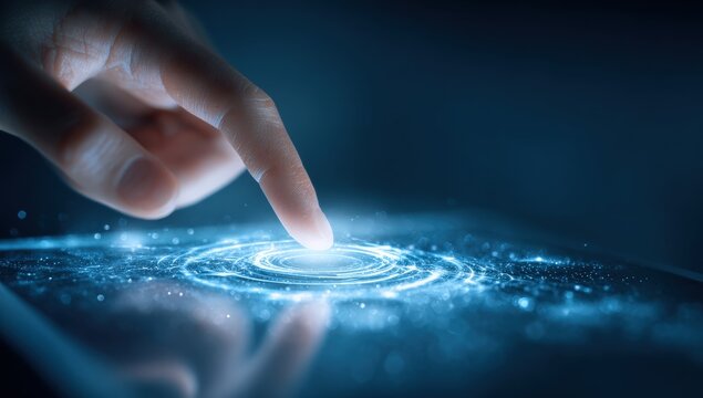 A hand touches a glowing tablet screen (1)