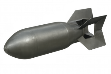 Metallic aerial bomb plummeting downwards against a transparent background, poised for deployment in military operations and warfare scenarios