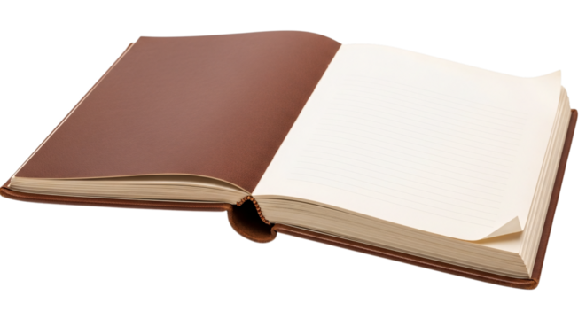 Open book with blank pages and brown cover isolated on transparent background